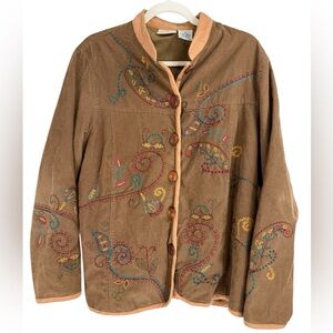 White Stag Embroidered Corduroy Jacket Brown Spice Boho Art Jacket Cotton Size L